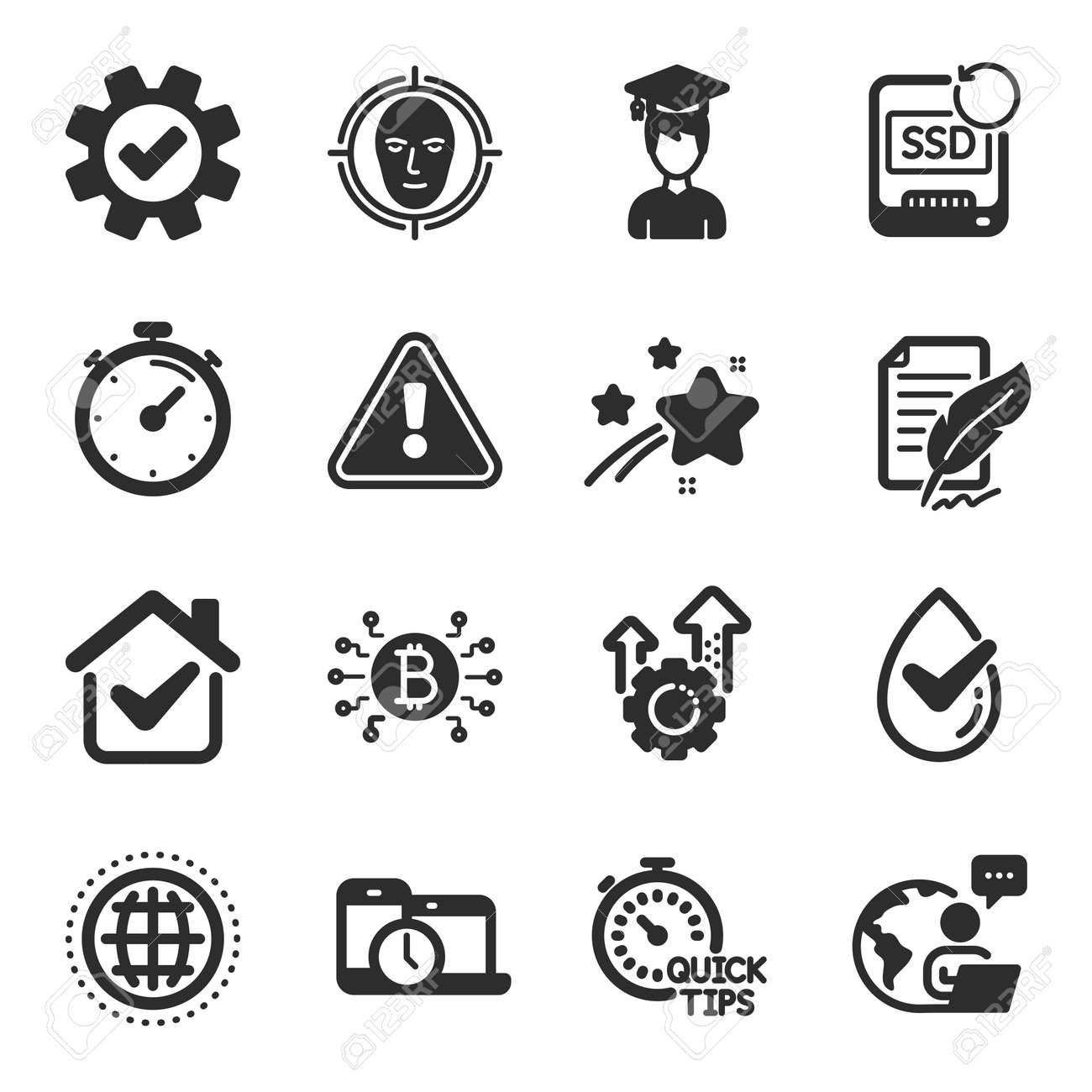 타이머 빠른 팁 비트코인 시스템 기호 깃털 서명 학생 복구 SSD 표지판 SEO 장비 피부과 테스트를 거친 시간 관리 얼굴 감지 벡터와  같은 과학 아이콘 세트 로열티 무료 사진, 그림, 이미지 그리고