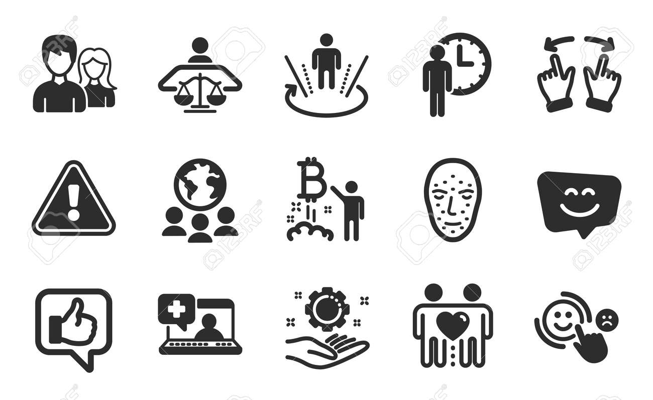 글로벌 비즈니스, 웃는 얼굴, 얼굴 생체 인식 아이콘은 단순합니다. 처럼, 친구 커플 및 제스처 기호를 이동합니다. 비트 코인  프로젝트, 의료 지원 및 고객 만족 기호. 평면 아이콘을 설정합니다. 벡터 로열티 무료 사진,