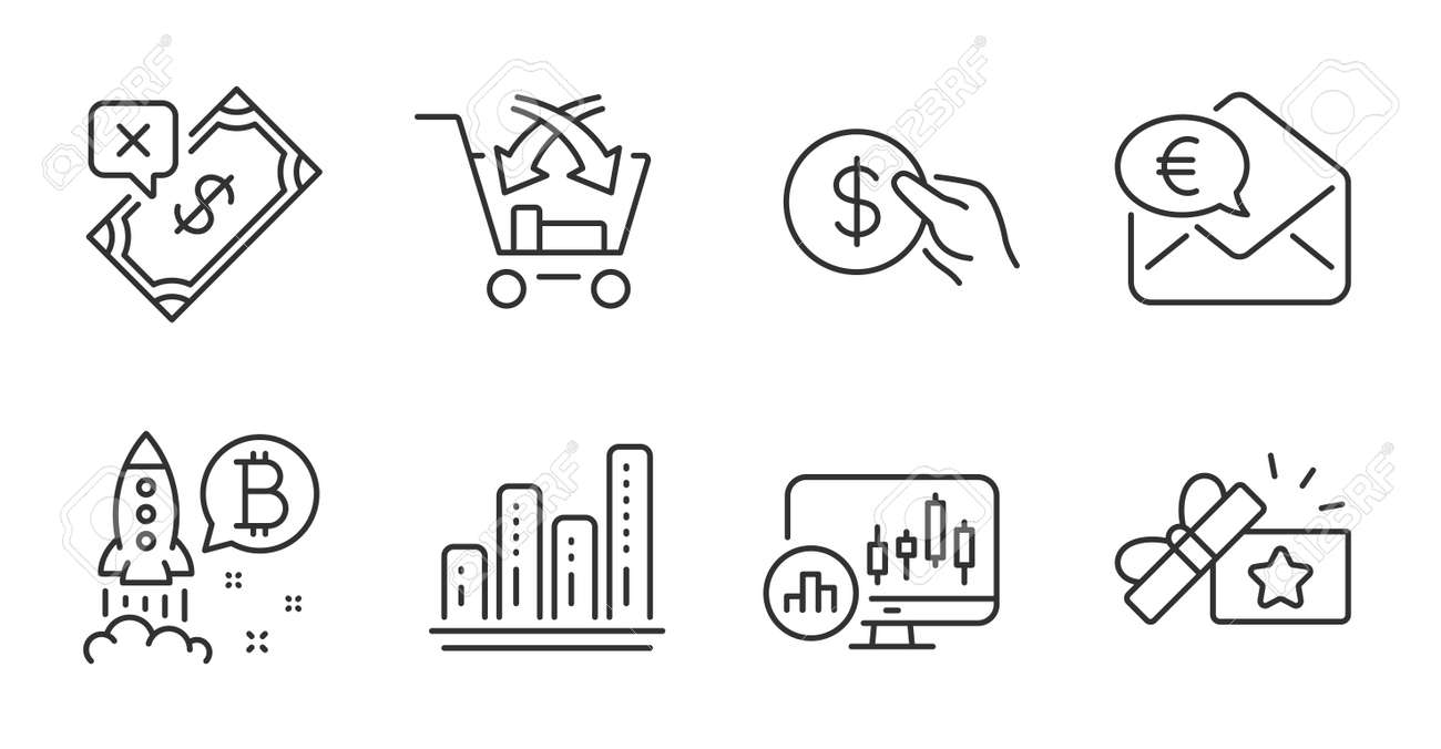 ユーロマネー、クロスセリング、ローソク足チャートの線アイコンが設定されています。グラフチャート、忠誠の贈り物と支払いのサイン。拒否された支払い、 ビットコインプロジェクトのシンボル。高品質の線のアイコン。ユーロマネーバッジ。ベクターのイラスト素材 ...