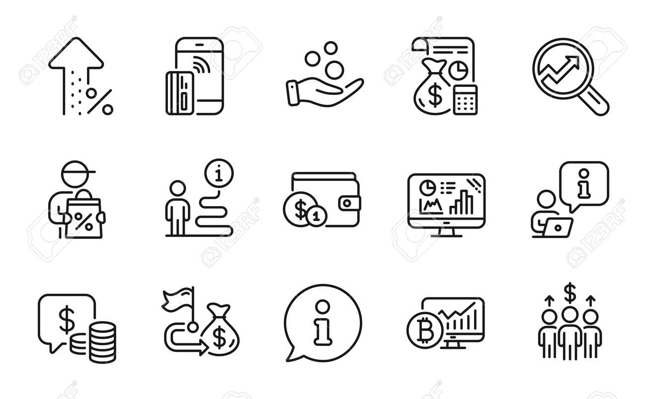 금융 아이콘 세트에는 배달 할인 회의 분석 표시 기부금 회계 비접촉 지불 기호 비트코인 차트 금융 목표 동전 선 아이콘 벡터로 포함된  아이콘이 포함되어 있습니다. 로열티 무료 사진, 그림, 이미지 그리고 스톡포토그래피.
