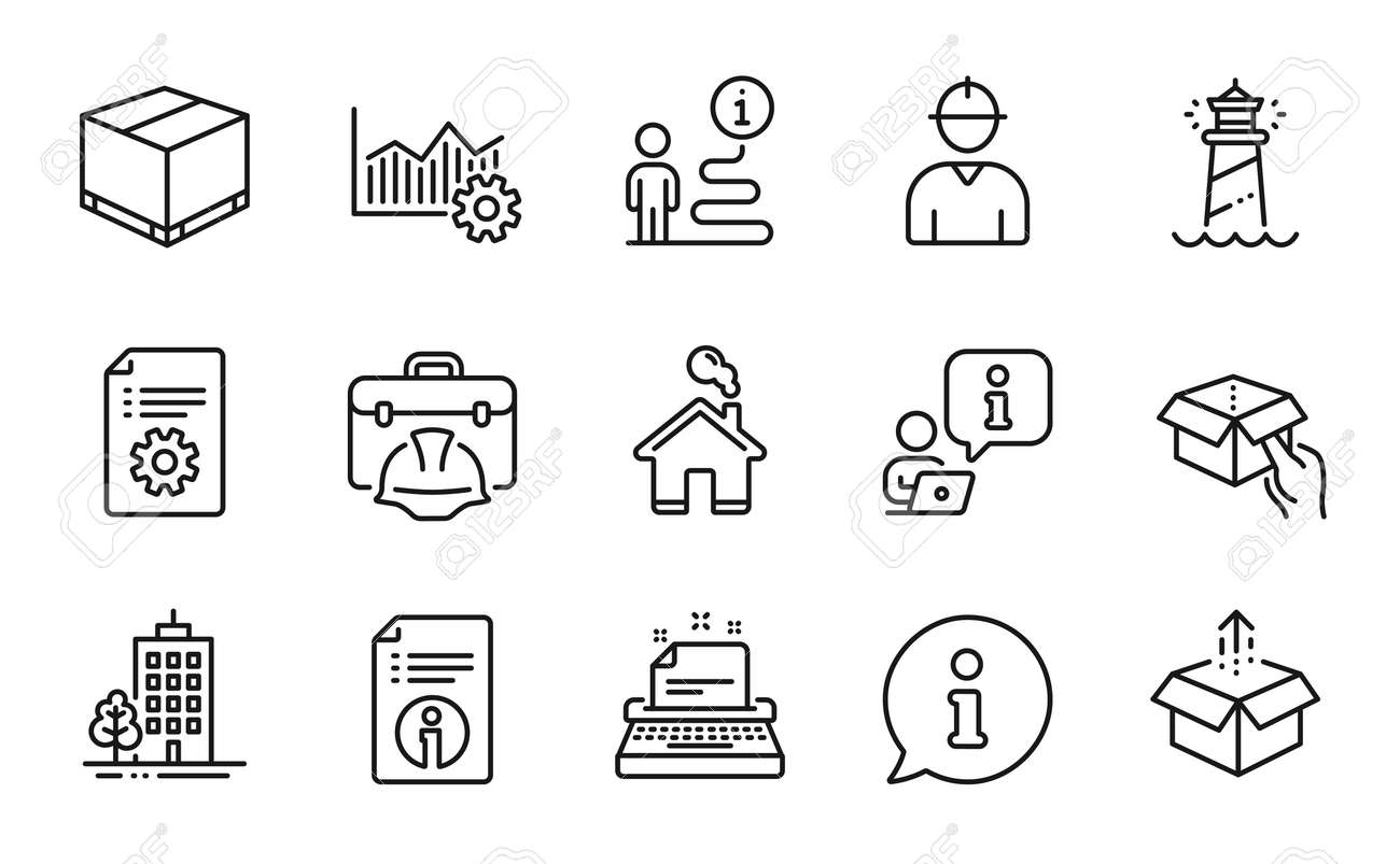 산업 아이콘을 설정합니다. 배달 상자, 초고층 건물, 운영 우수성 표시로 아이콘이 포함되었습니다. 엔지니어, 보류 상자, 홈 기호.  기술 문서, 건설 도구 상자. 벡터 로열티 무료 사진, 그림, 이미지 그리고 스톡포토그래피. Image 174102835