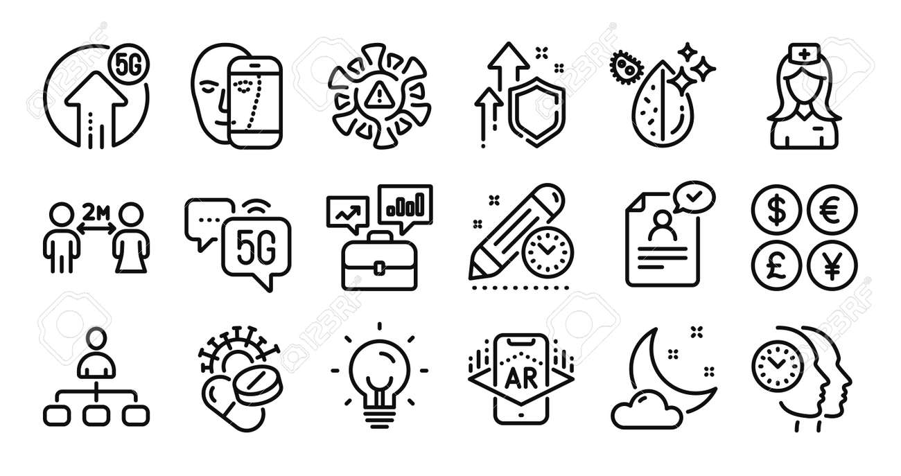 이력서 문서 및 야간 날씨 라인 아이콘은 보안 쉴드 및 통화 교환 관리 비즈니스 포트폴리오 및 시간 관리 아이콘 벡터를 설정합니다.  로열티 무료 사진, 그림, 이미지 그리고 스톡포토그래피. Image 176909138