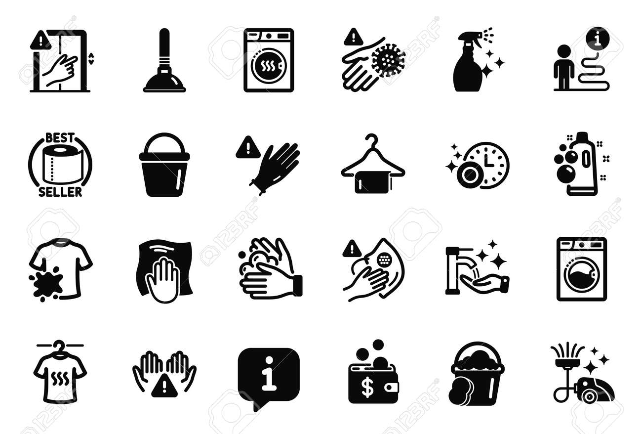 진공 청소기, 건조기, 마른 티셔츠 아이콘과 관련된 청소 아이콘의 벡터 세트입니다. 깨끗한 거품, 만지지 말고 더러운 마스크 표지판.  화장지, 플런저 및 더러운 티셔츠. 버킷. 벡터 로열티 무료 사진, 그림, 이미지 그리고 스톡포토그래피.