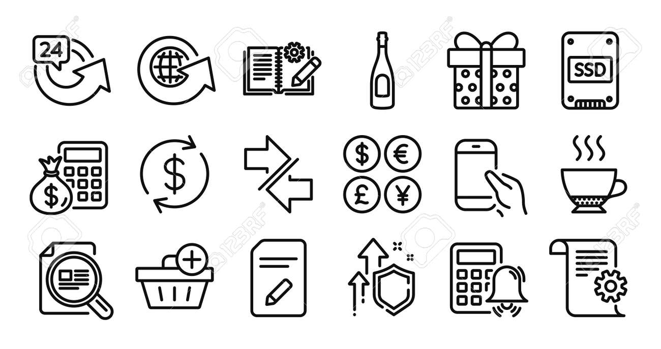 재무 계산기, 세계 지구본 및 구매 라인 아이콘 세트를 추가합니다. 안전한 방패와 돈 환전. 계산기 알람, 기사 및 엔지니어링 문서  아이콘을 확인하십시오. 벡터 로열티 무료 사진, 그림, 이미지 그리고 스톡포토그래피. Image 177061124