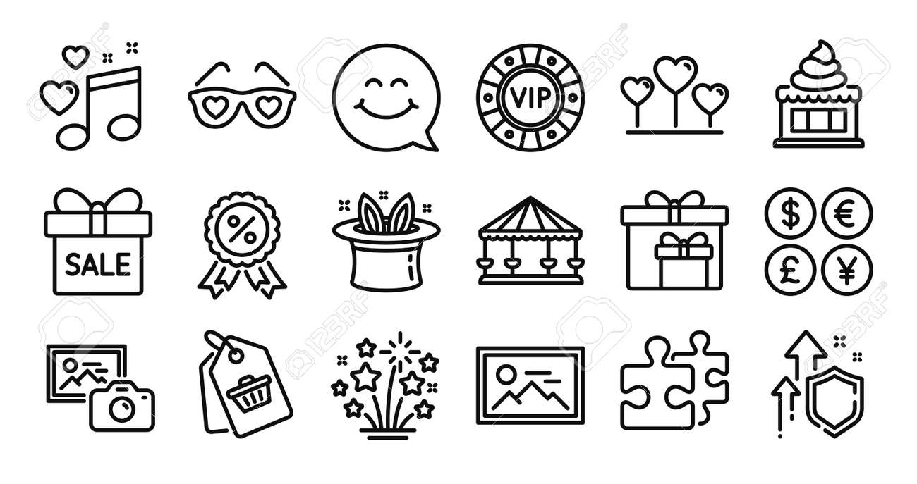 웃는 얼굴 판매 태그와 사랑 음악 라인 아이콘은 보안 쉴드와 돈 환전 회전목마 사진 카메라와 할인 메달 아이콘 벡터를 설정합니다.  로열티 무료 사진, 그림, 이미지 그리고 스톡포토그래피. Image 177030453