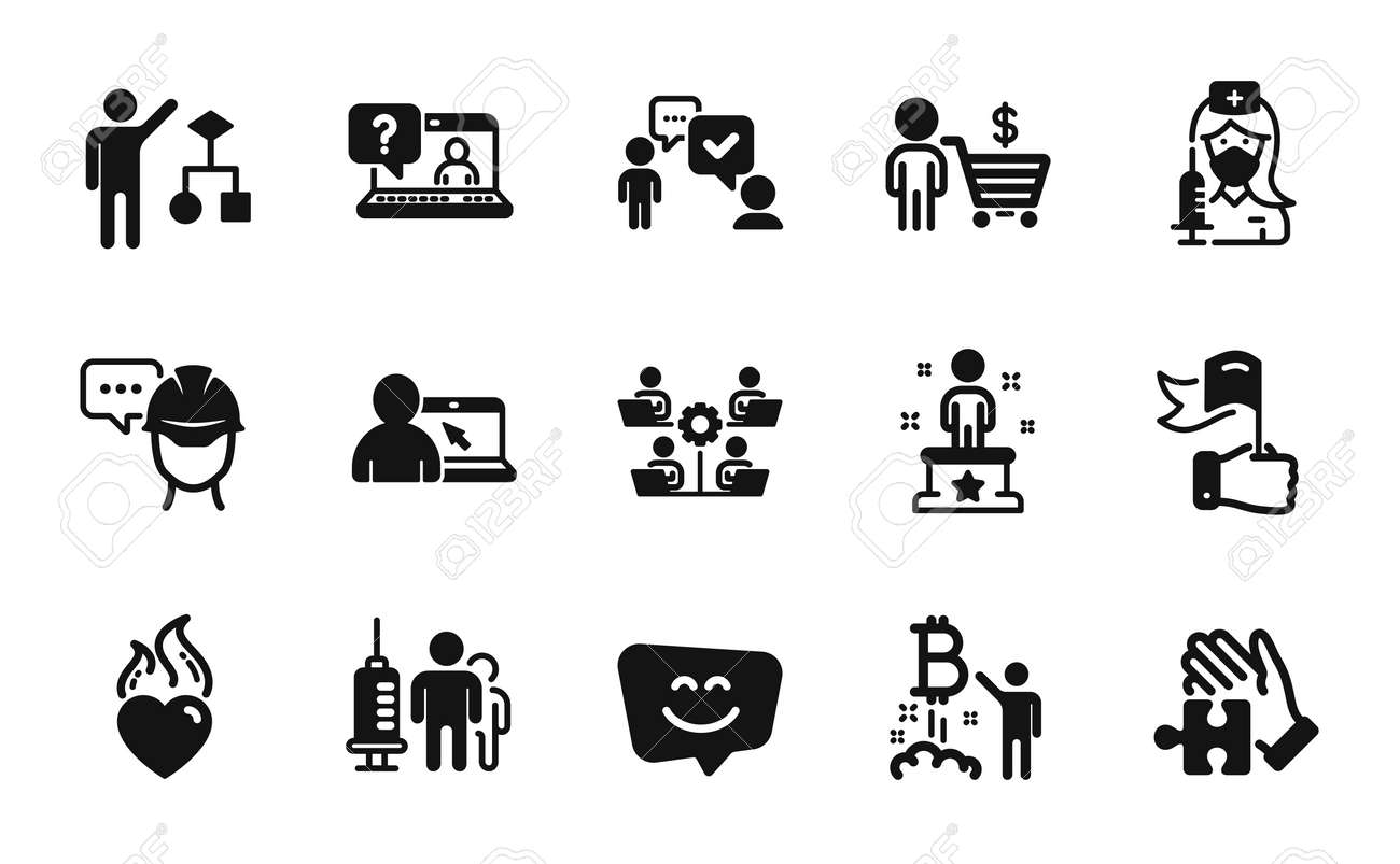 자주 묻는 질문, 온라인 교육 및 비트코인 프로젝트 아이콘의 벡터 세트는 간단한 세트입니다. 알고리즘, 예방 접종 및 팀워크 아이콘.  심장 불꽃, 컨설팅 비즈니스 및 구매자 표지판. 자주 묻는 질문 간단한 웹 기호.