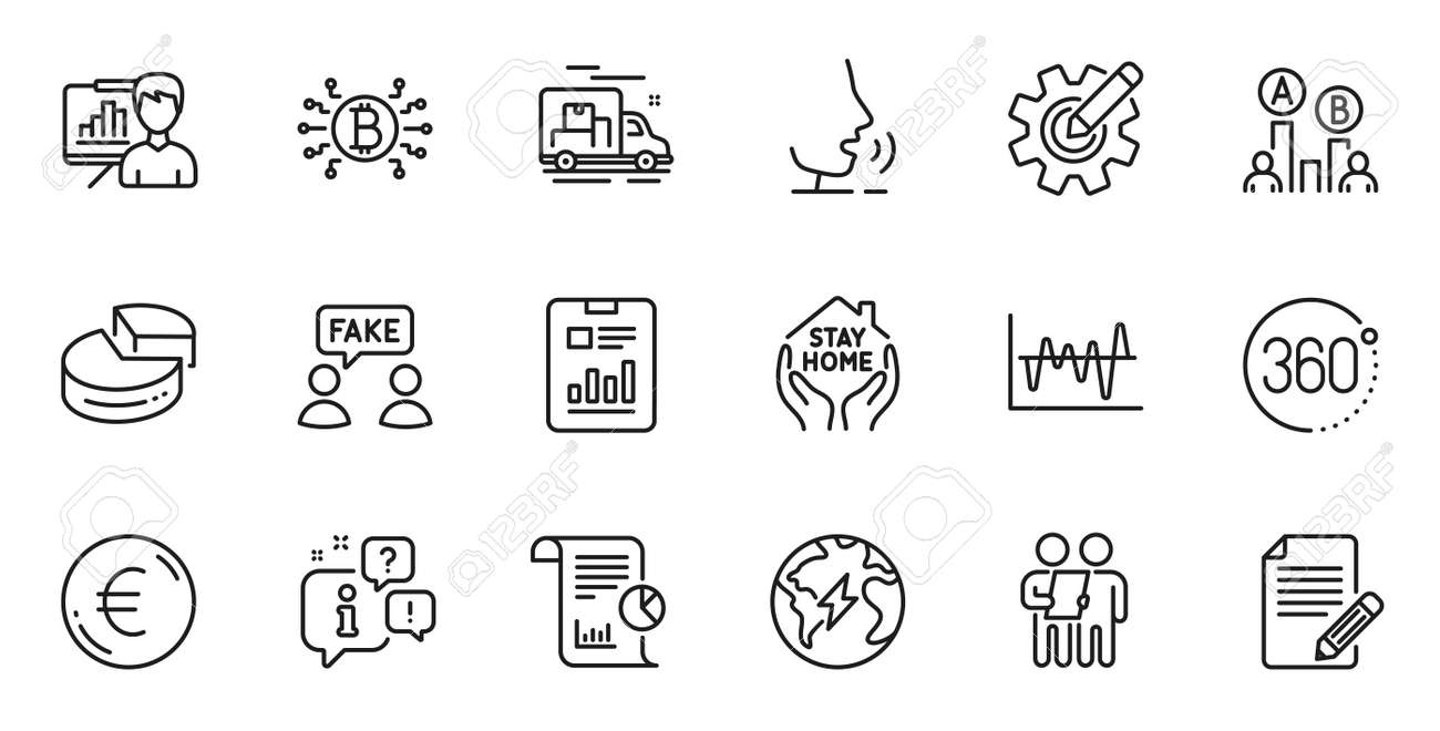 웹 애플리케이션 토크 정보 전달 트럭 개요 아이콘에 대한 Ab 테스트 비트코인 시스템 및 프리젠테이션 보드 라인 아이콘의 개요 세트에는  원형 차트 스테이 홈 설문 조사 아이콘 벡터가 포함됩니다. 로열티 무료 사진,
