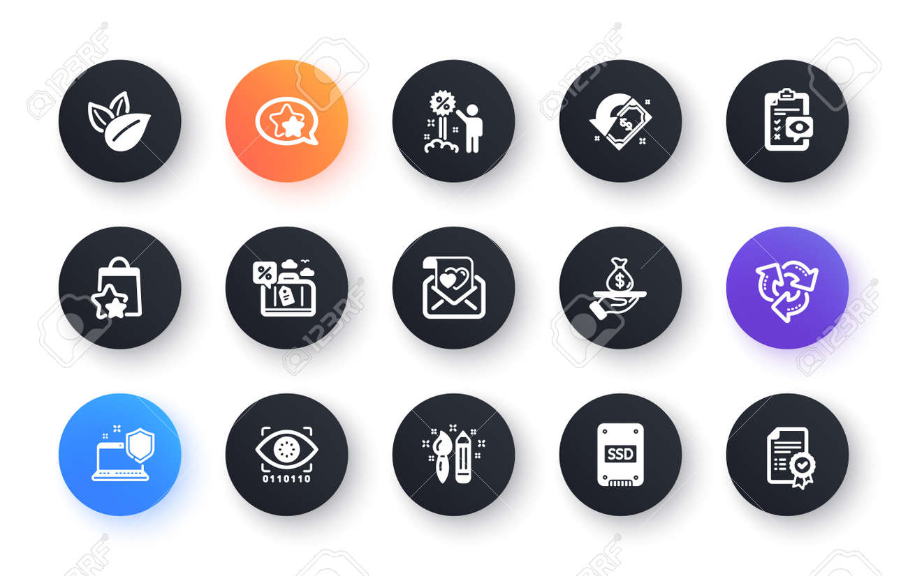 웹 개발 SSD 컴퓨터 보안 러브 레터 아이콘 할인 여행 대출 캐쉬백 웹 요소 벡터를 위한 최소한의 대출 창의성 및 눈 체크리스트 플랫  아이콘 세트 로열티 무료 사진, 그림, 이미지 그리고 스톡포토그래피.