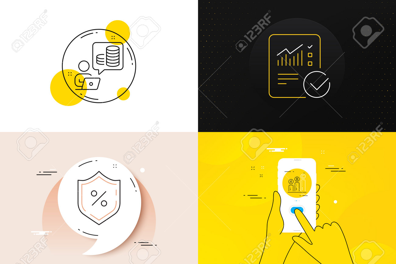 그래프 차트, 대출 퍼센트 및 확인된 계산 라인 아이콘의 최소 집합입니다. 전화 화면, 견적 배너. 예산 회계 아이콘입니다. 웹 개발을  위해. 벡터 로열티 무료 사진, 그림, 이미지 그리고 스톡포토그래피. Image 191685698