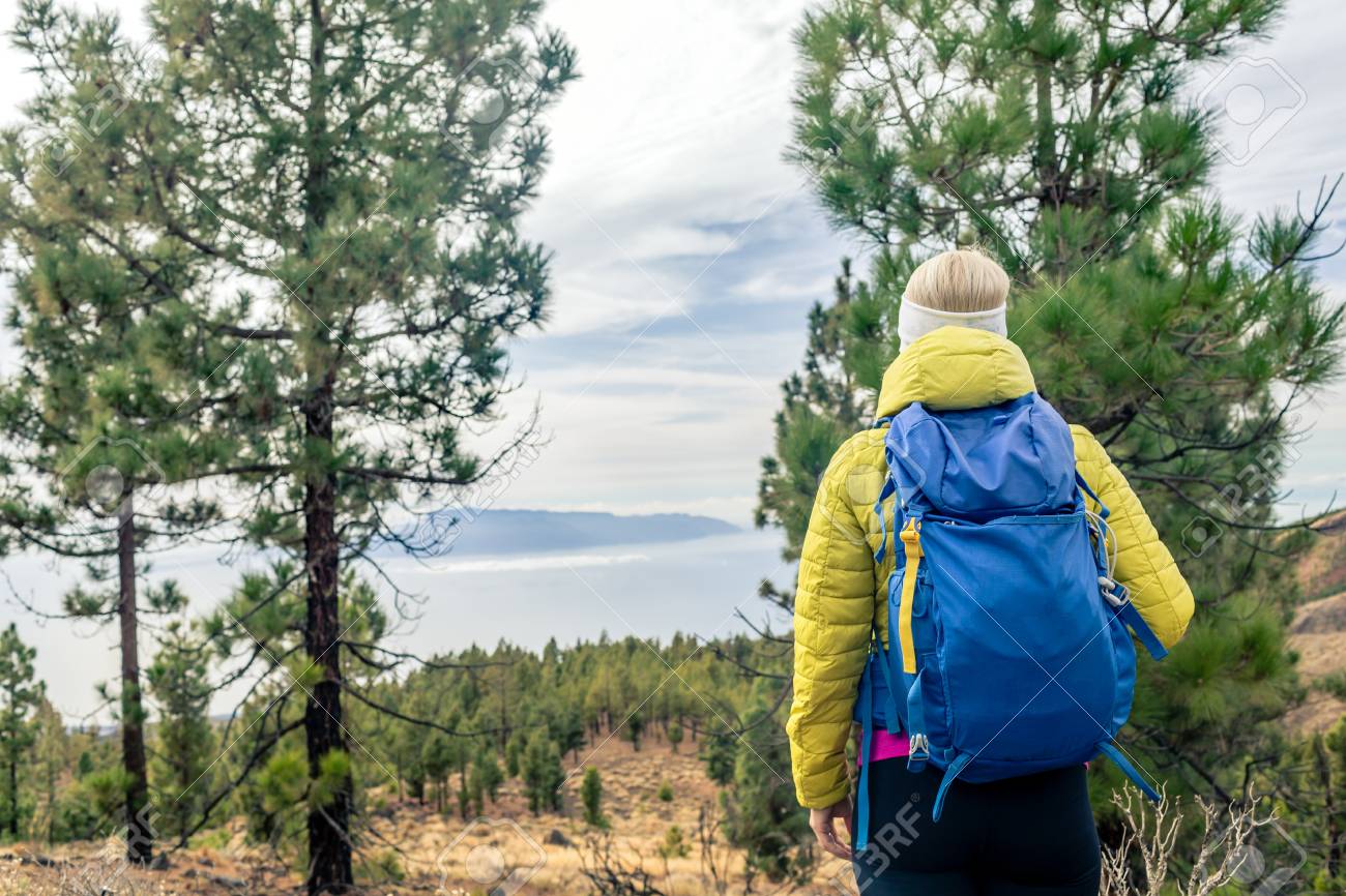 Hiking woman with backpack looking at inspirational mountains ... Looking for inspirational images