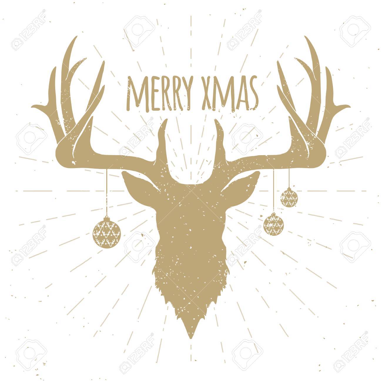 Hipster Vintage Christmas Deer, Gold Silhouette on White Background.