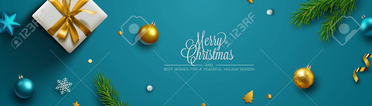 Blue Christmas background, banner, frame, header, background or greeting card design with christmas decor including baubles, gift boxes, fir tree cuttings, glitter and confetti. Vector Illustration. - 134085334 Blue Christmas background, banner, frame, header, background or greeting card design with christmas decor including baubles, gift boxes, fir tree cuttings, glitter and confetti. Vector Illustration. - 134085334