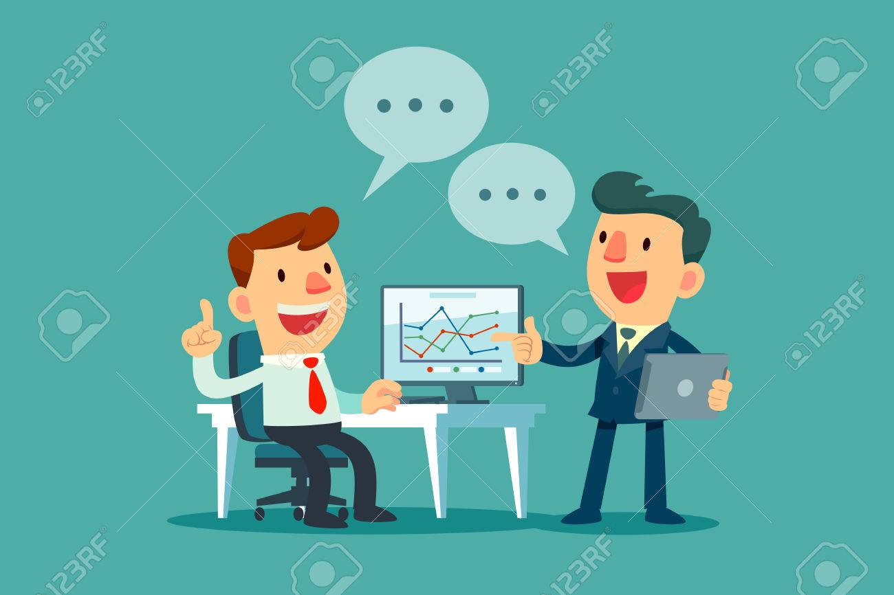 2 人のビジネスマンは オフィスのデスクでビジネス戦略を議論します 上司と一緒に働く社員 のイラスト素材 ベクタ Image