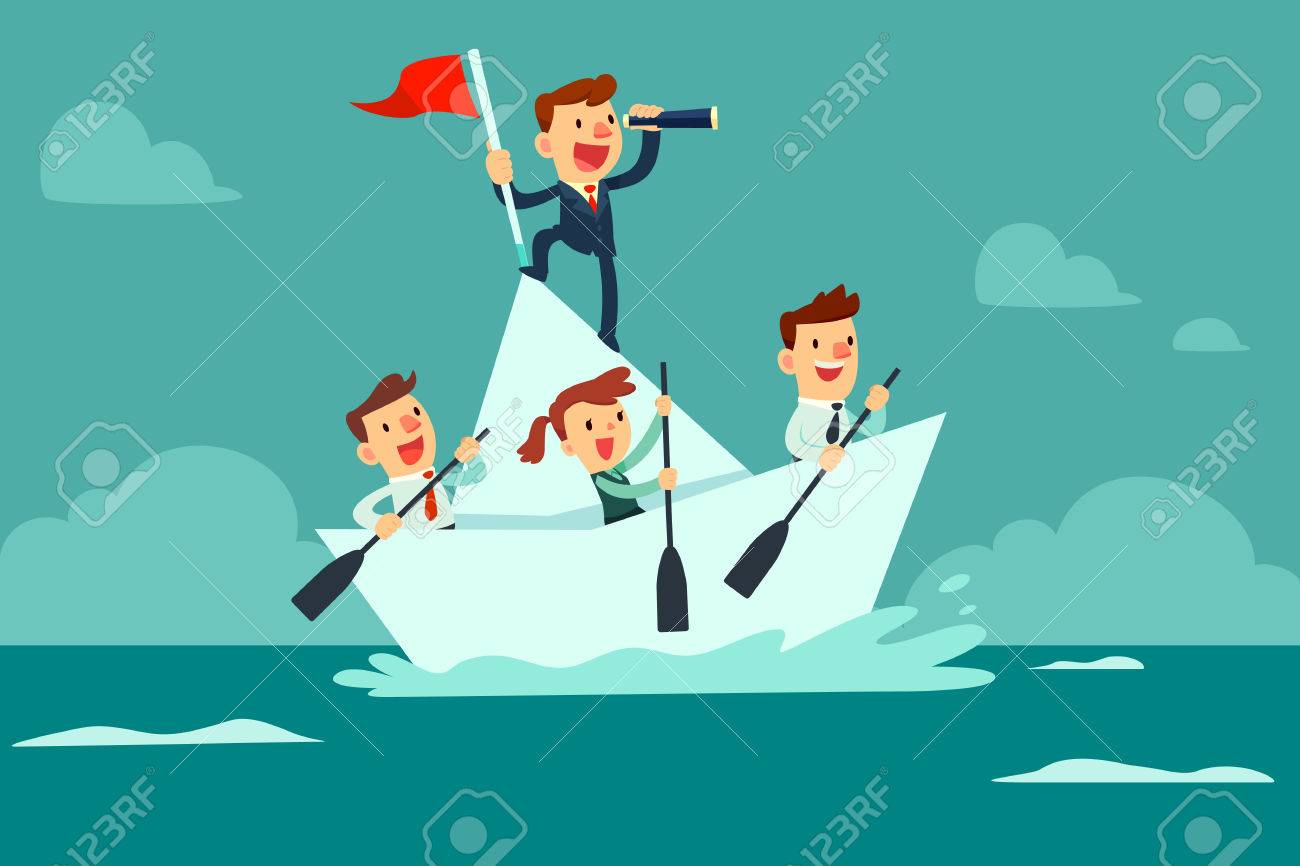 Businessman with spyglass lead business team sailing on paper boat in the ocean - 85033055 Businessman with spyglass lead business team sailing on paper boat in the ocean - 85033055
