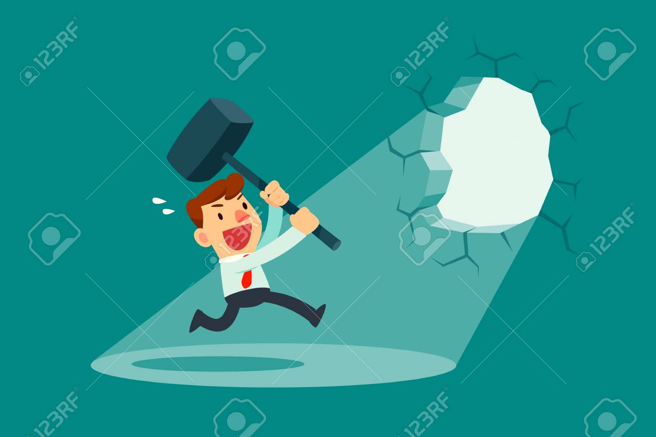 Hombre De Negocios Que Sostiene Un Martillo Que Se Rompe A Traves