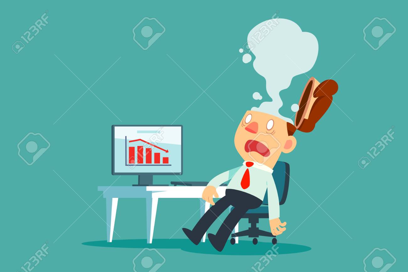 Exhausted businessman at his desk in office with smoke come out of his head. Business stress concept. - 134661462 Exhausted businessman at his desk in office with smoke come out of his head. Business stress concept. - 134661462
