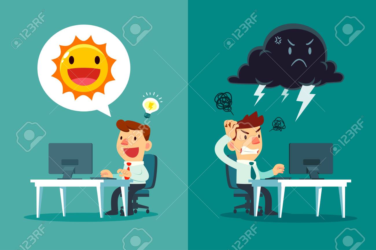 Happy businessman with sun symbol and frustrated businessman with thunder cloud symbol. positive and negative thinking business concept. - 137056349 Happy businessman with sun symbol and frustrated businessman with thunder cloud symbol. positive and negative thinking business concept. - 137056349