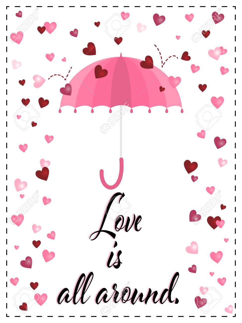 ハート型の雨と白い背景に 愛はすべての周りにある テキストと空気中のピンクの傘のベクトルイラスト バレンタインデーのグリーティングカードのデザイン のイラスト素材 ベクタ Image