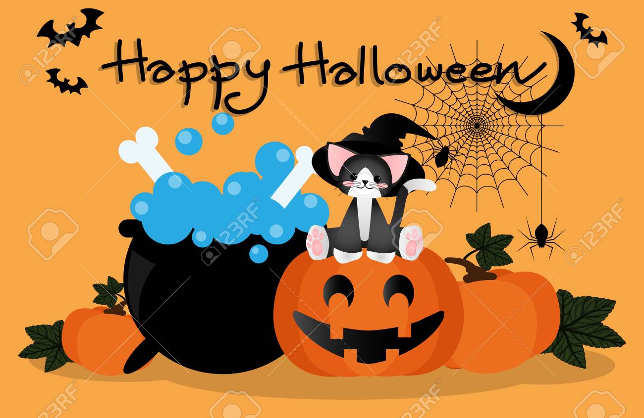 かわいい猫のベクトルイラストは ポットの近くにカボチャのランタンに座って魔女の帽子を持っています カボチャ クモの巣にぶら下がってクモ オレンジ色の背景に ハッピーハロウィーン のテキストと三日月とコウモリ のイラスト素材 ベクタ Image