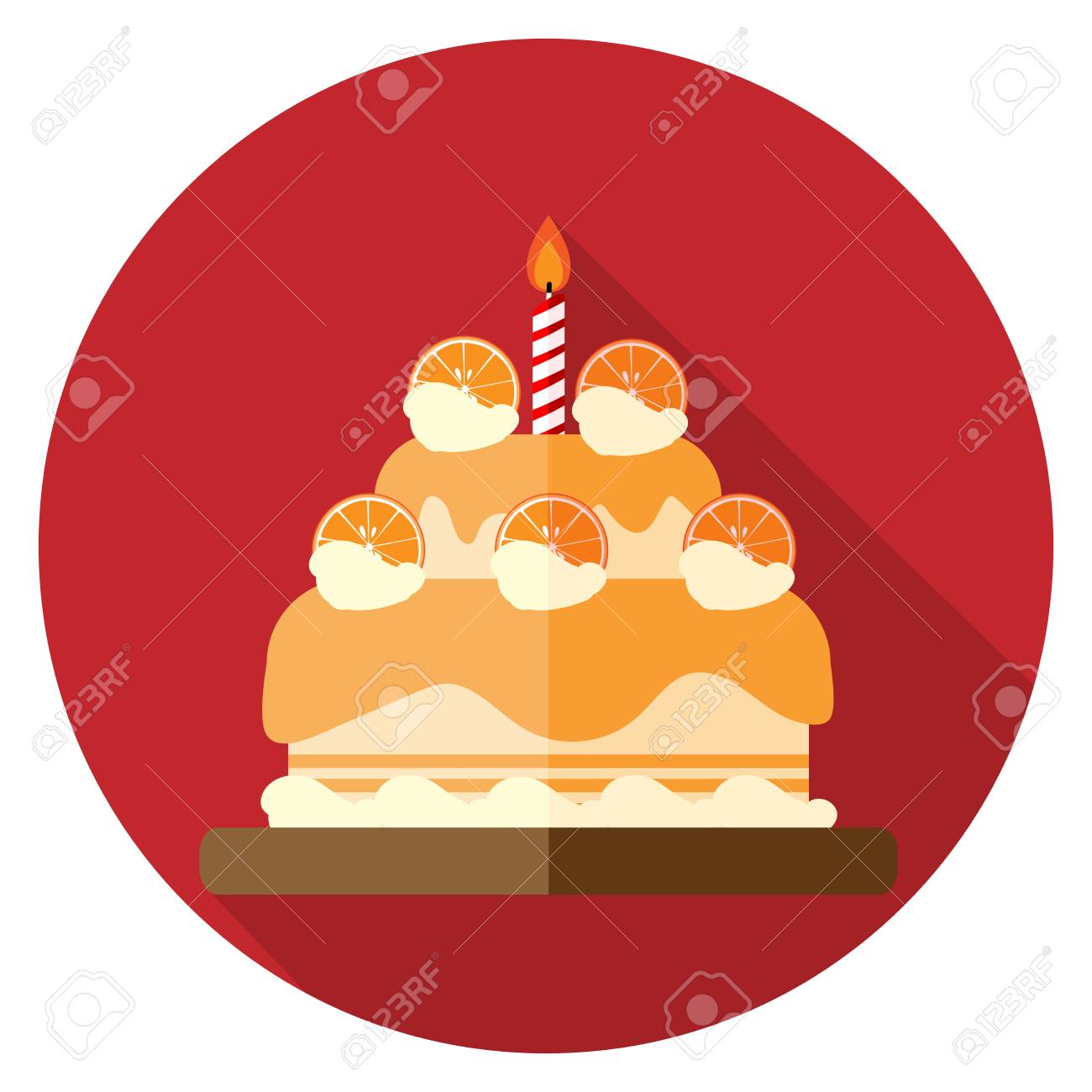 Illustration Vectorielle De Design Plat Icone De Gateau D Anniversaire Orange Sur Fond Rouge En Forme Ronde Gateau Pour La Fete D Anniversaire Avec Une Bougie Carte De Joyeux Anniversaire Clip Art Libres De