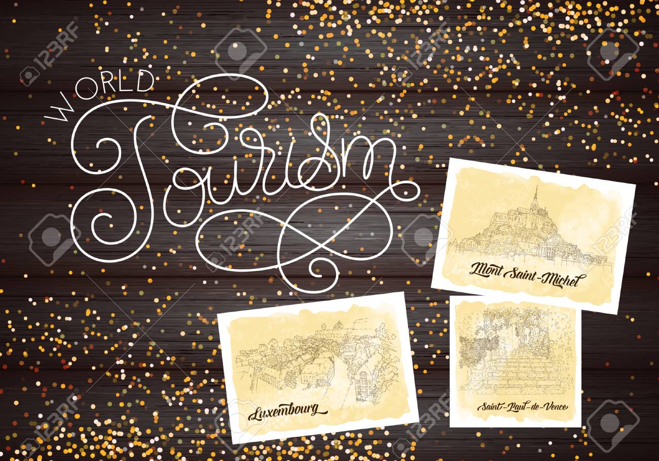 City sketching. Line art silhouette. Glitter. Travel cards on wood background. World tourism lettering. France, Saint-Paul-de-Vence, Mont Saint-Michel. Luxembourg. Sketch style vector illustration. - 136657902 City sketching. Line art silhouette. Glitter. Travel cards on wood background. World tourism lettering. France, Saint-Paul-de-Vence, Mont Saint-Michel. Luxembourg. Sketch style vector illustration. - 136657902