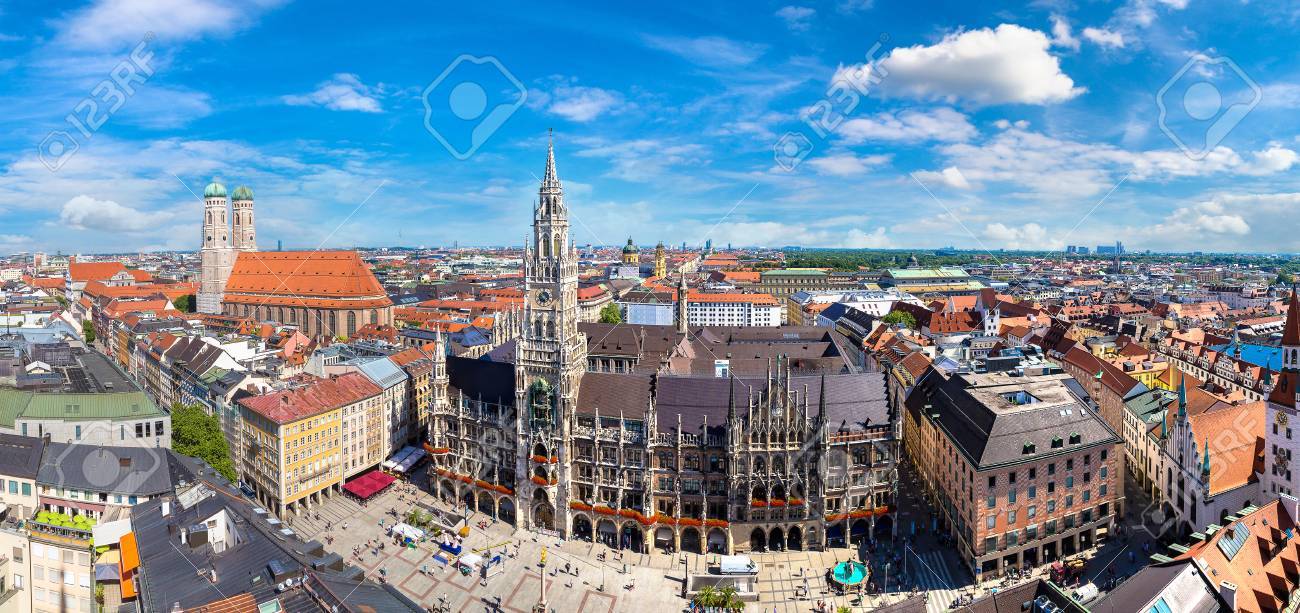 Aerial view on Marienplatz town hall and Frauenkirche in Munich, Germany in a beautiful summer day - 87441490 Aerial view on Marienplatz town hall and Frauenkirche in Munich, Germany in a beautiful summer day - 87441490