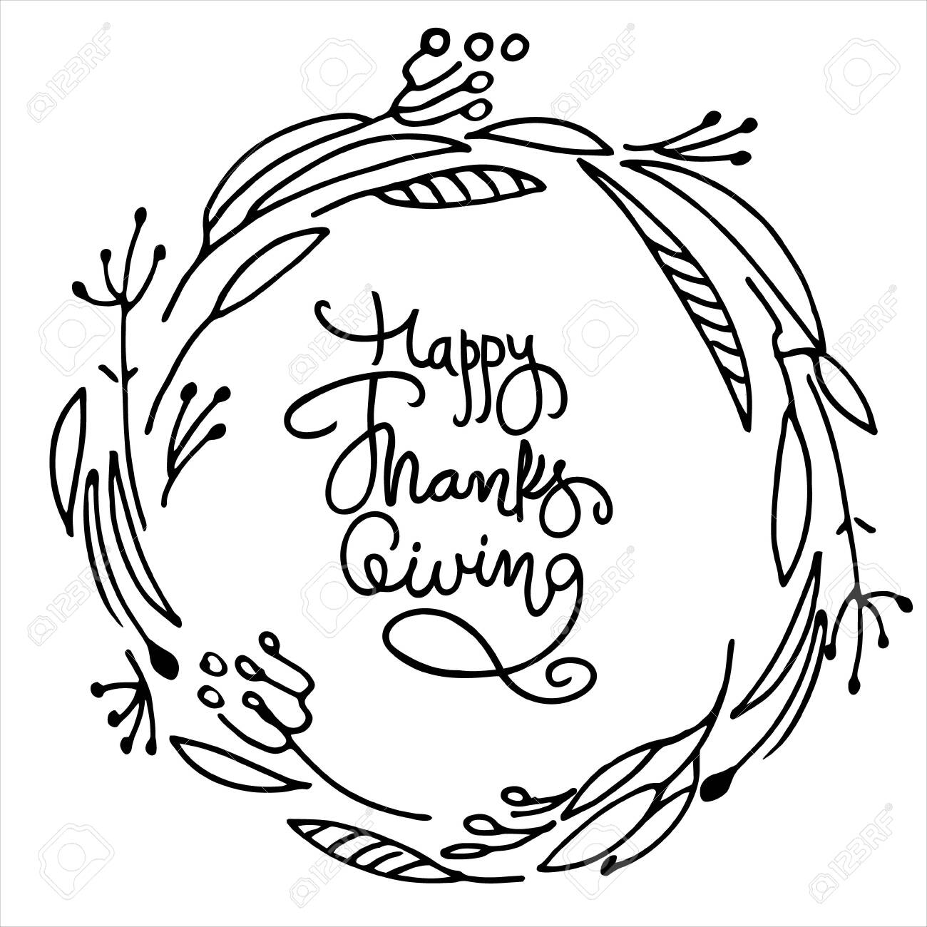 Happy Thanksgiving Lettering Inside A Circular Floral Frame. Black On White.  Holiday Design Template Royalty Free Svg, Cliparts, Vectors, And Stock  Illustration. Image 135853564.