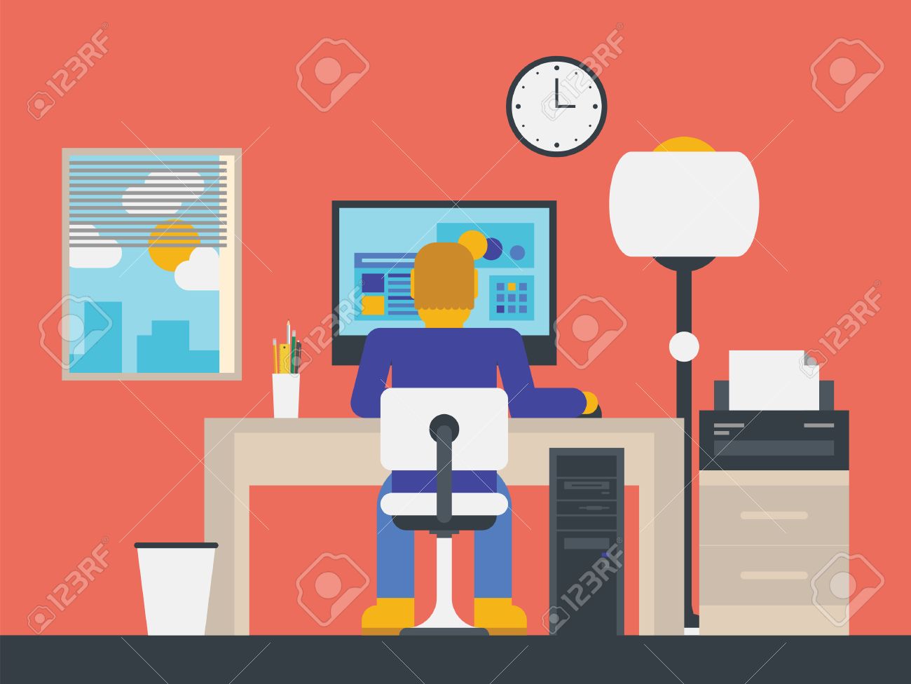 Flat design stylish illustration of manager working with computer in modern office workspace - 22426930 Flat design stylish illustration of manager working with computer in modern office workspace - 22426930
