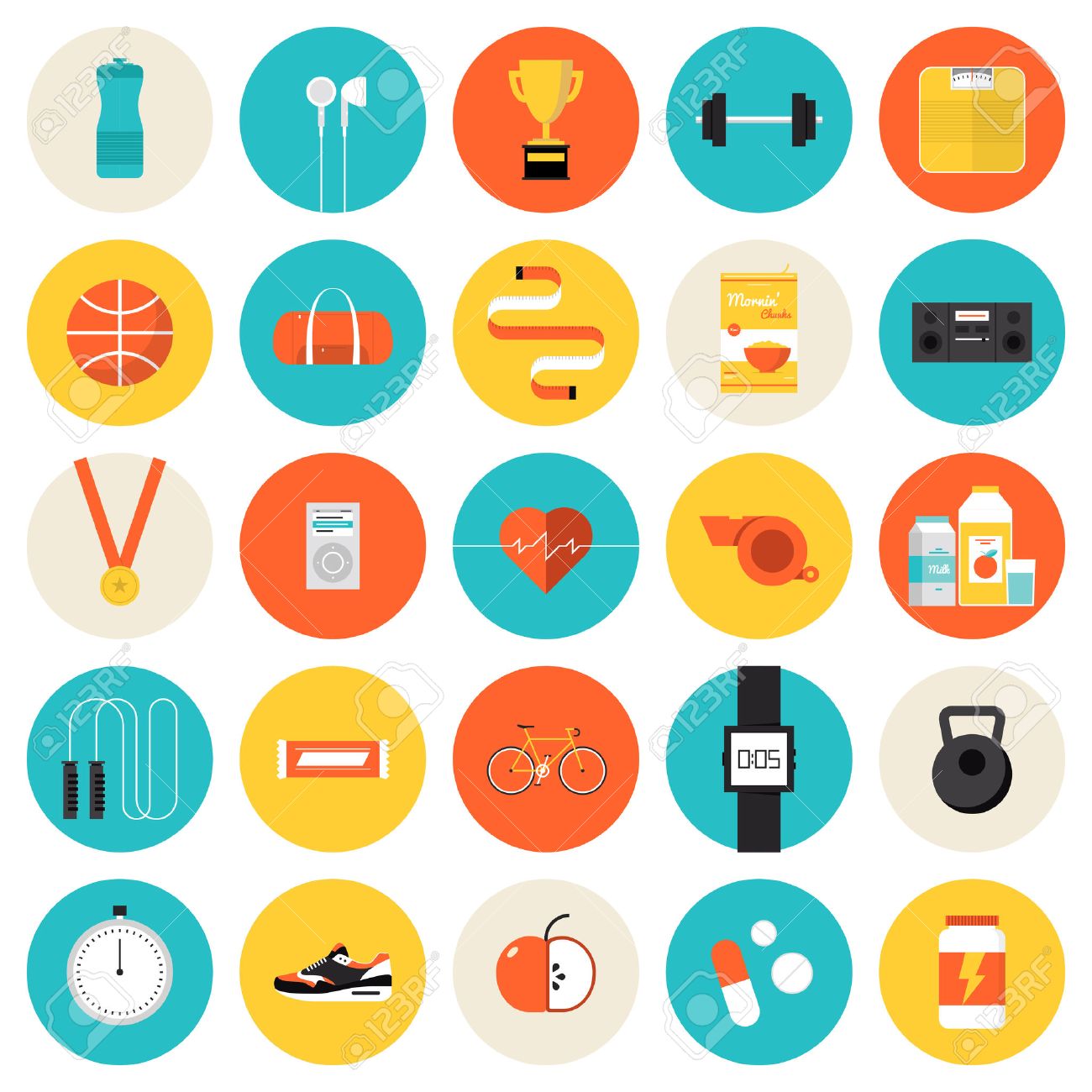flat icons set of fitness sport and healthy lifestyle exercise exercise or diet
