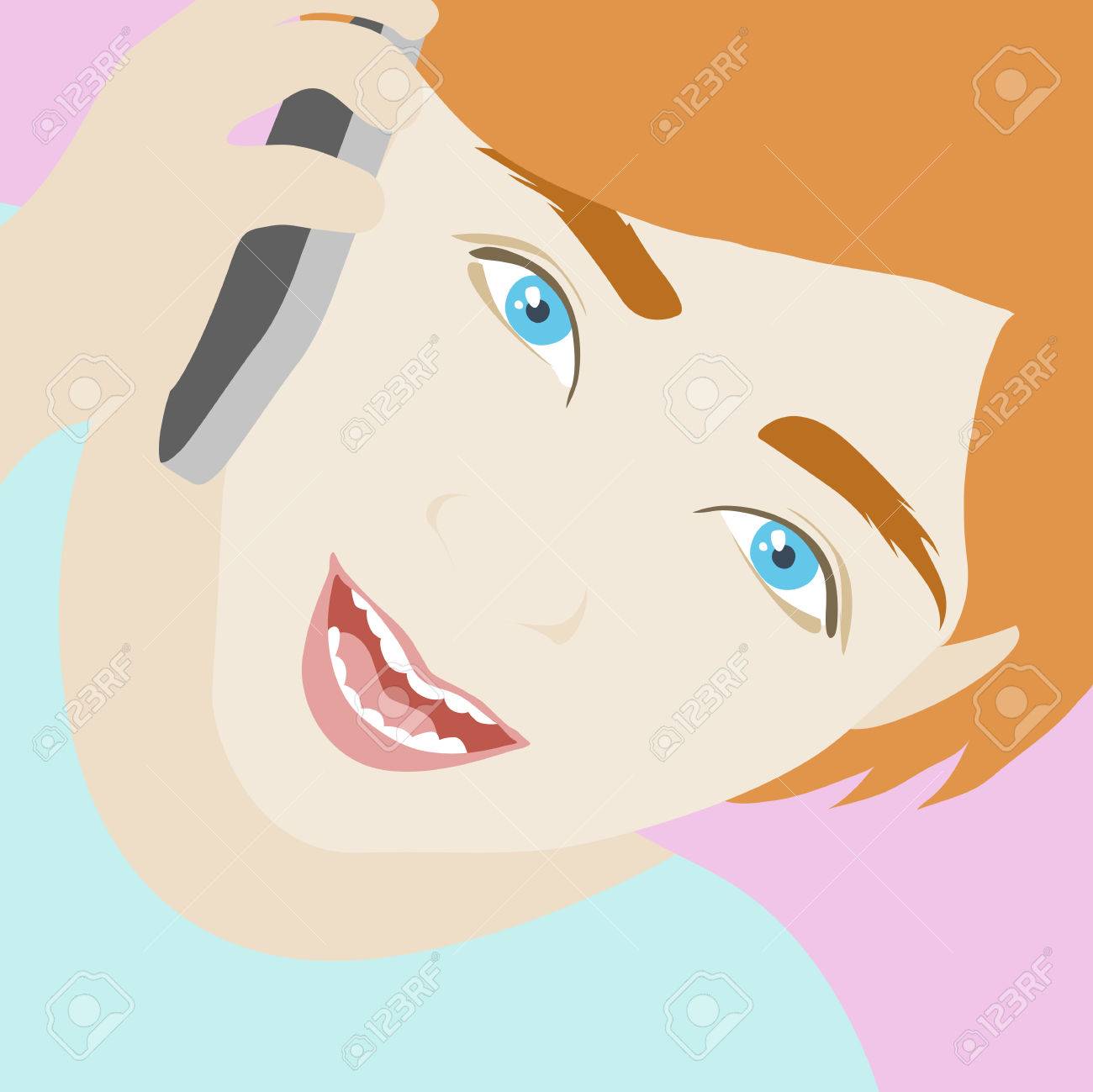 携帯電話で話すこと幸せなかわいい笑顔女の子の平らなイラスト フラットなデザイン スタイル モダンなベクトル イラスト概念 スタイリッシュな背景に分離 のイラスト素材 ベクタ Image