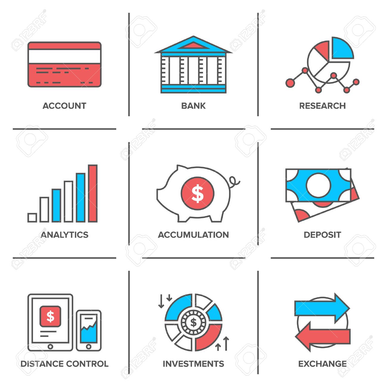 銀行口座、財務分析、外貨両替、お金を投資、クレジット カードでのデポジットの平らな線アイコンを設定します。のイラスト素材・ベクター Image  32769437