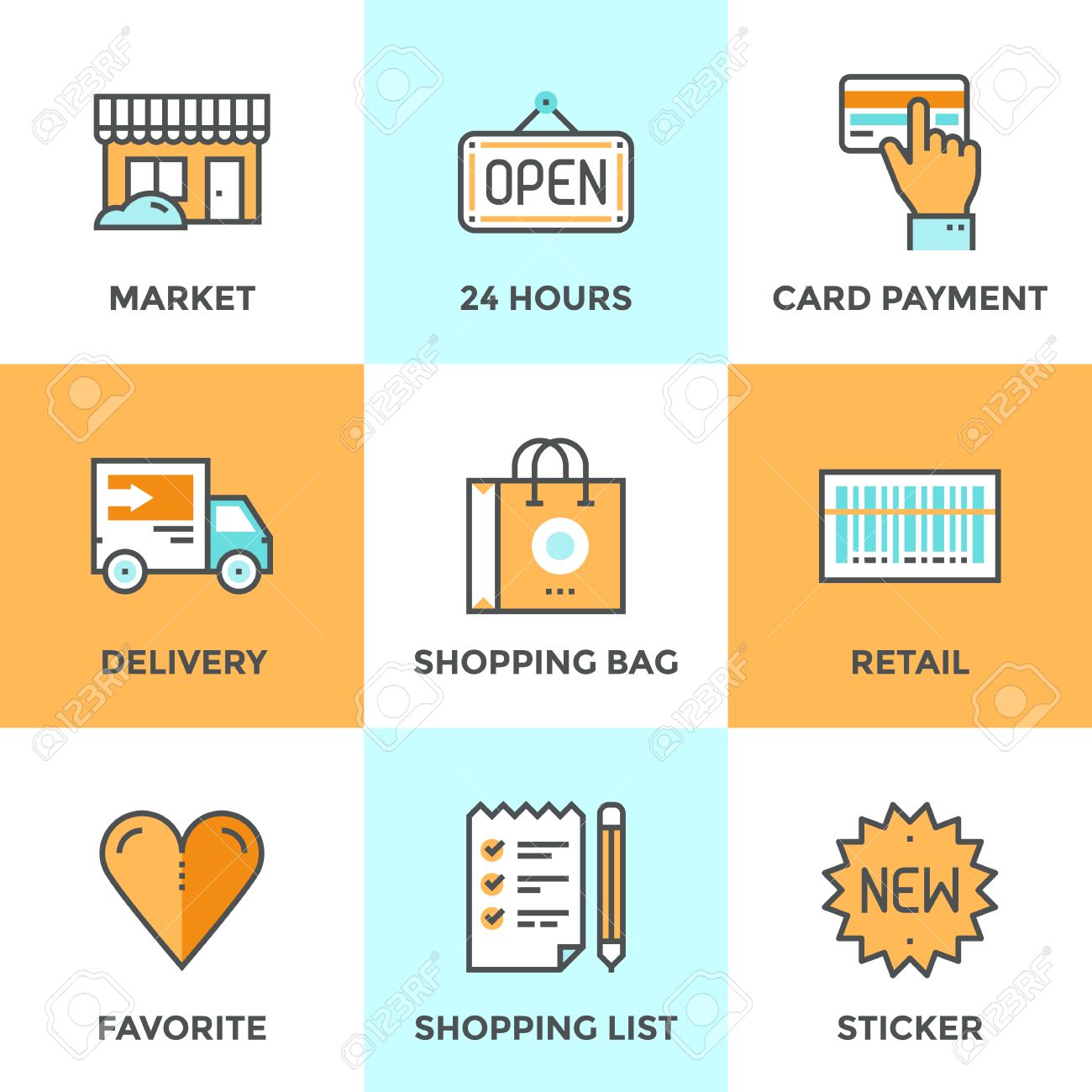 Line icons set with flat design elements of retail services and market goods selling, shopping