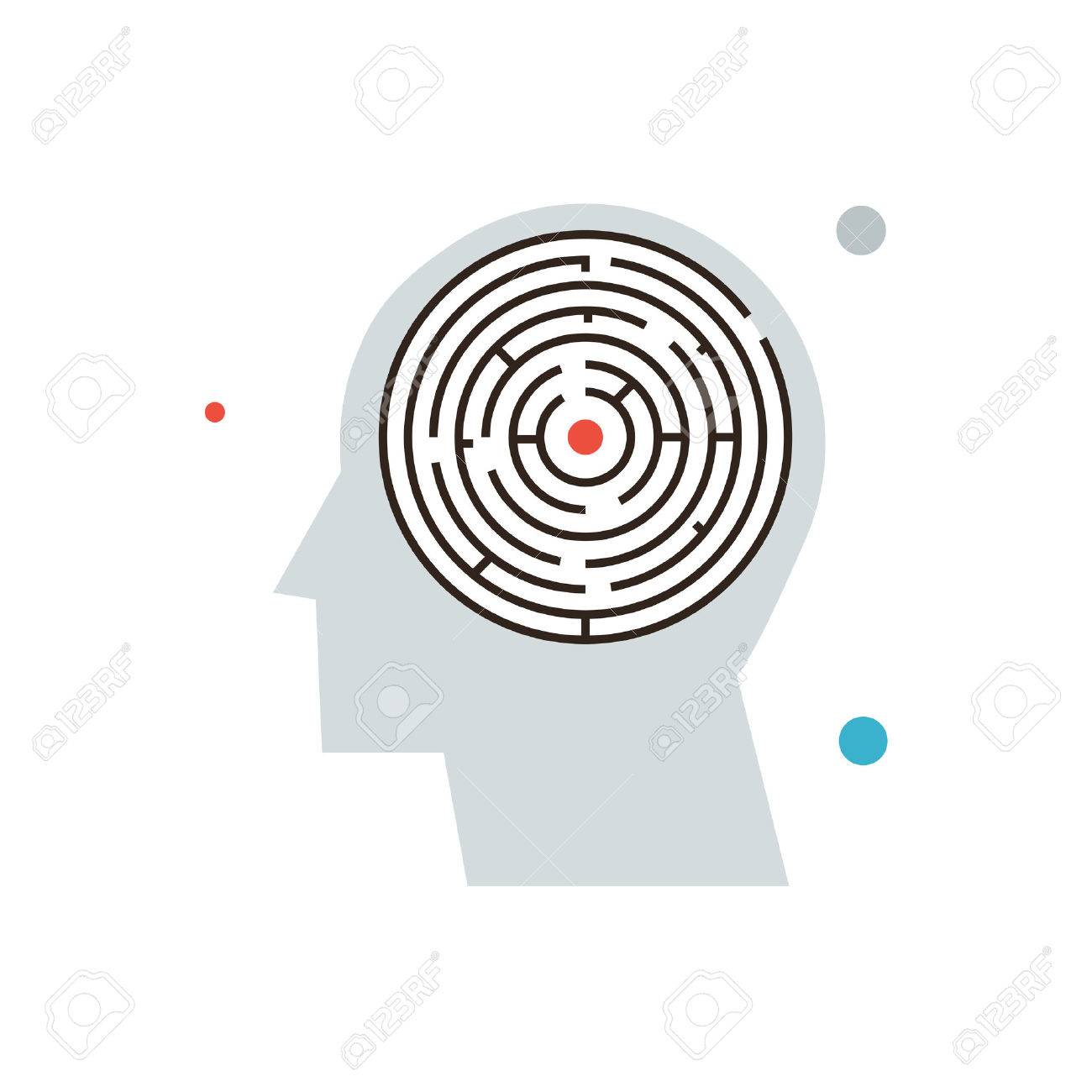 検索ソリューション 思考の問題 個人的な迷路迷路脳では 心の混乱の平らな設計要素と細い線アイコン のイラスト素材 ベクタ Image