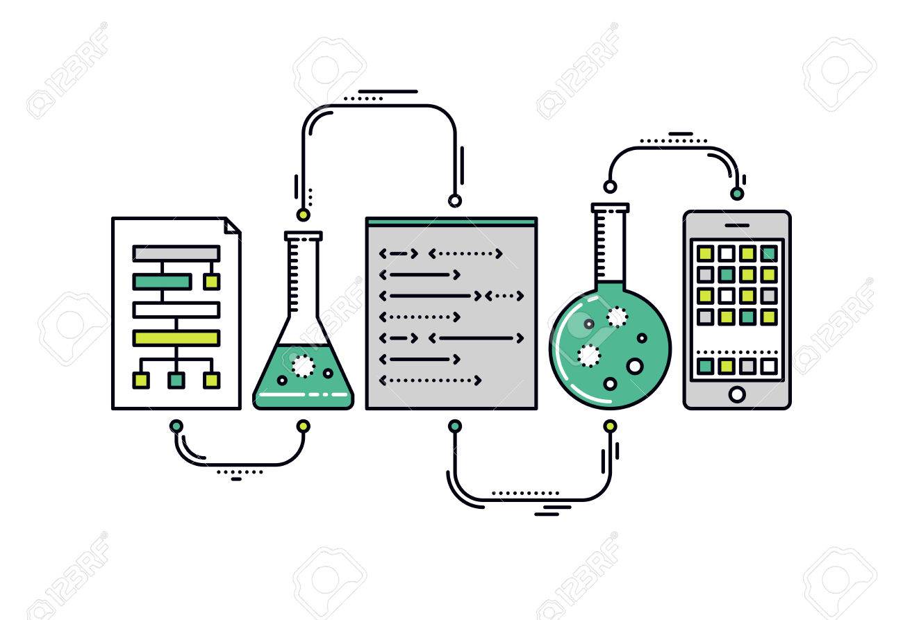 Thin line flat design of laboratory experiment with scientific datum, chemical reaction process, science big data analysis, mobile app. Modern vector illustration concept, isolated on white background. - 39951148 Thin line flat design of laboratory experiment with scientific datum, chemical reaction process, science big data analysis, mobile app. Modern vector illustration concept, isolated on white background. - 39951148