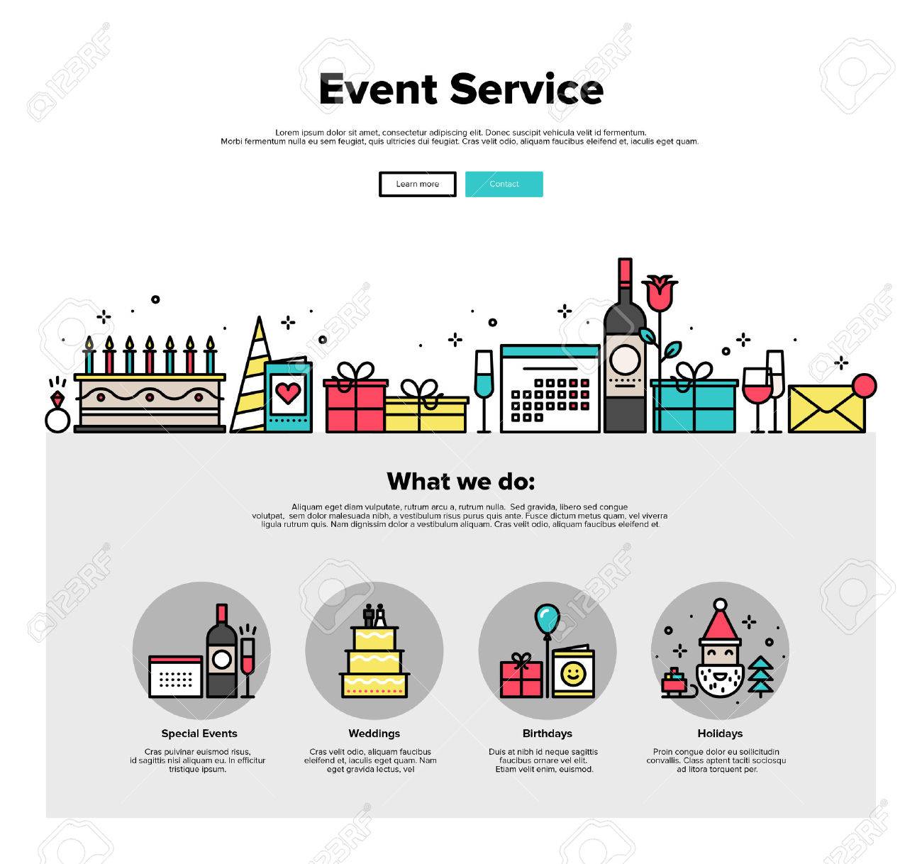 one page web design template with thin line icons of special