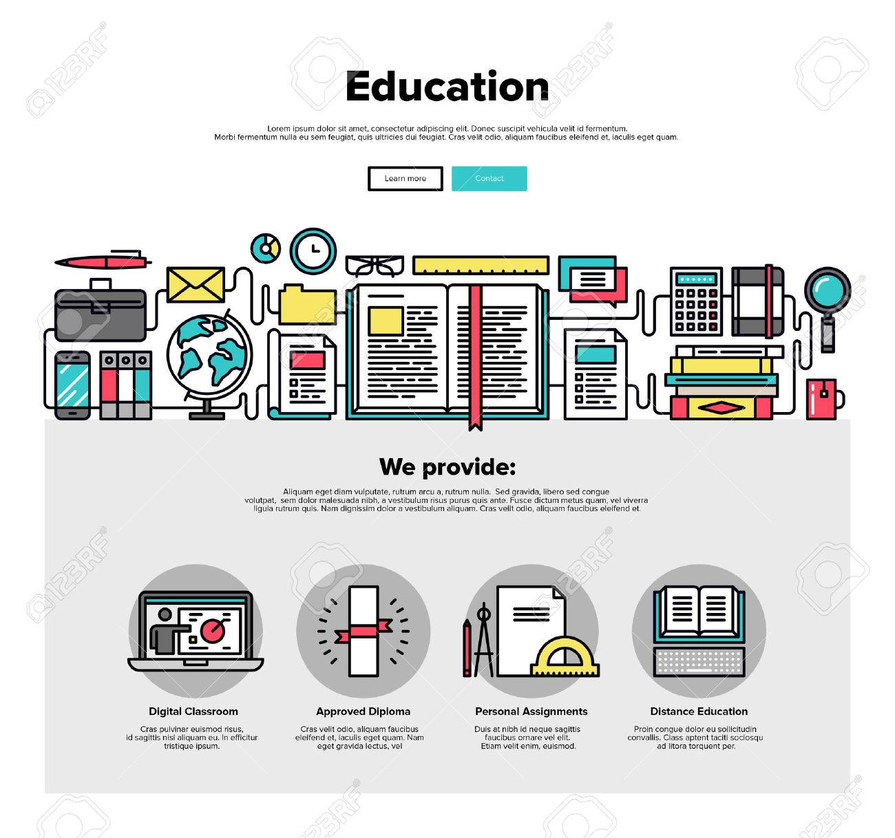 インターネット教育の細い線アイコンを 1 つのページ Web デザイン テンプレート トレーニング教材研究 学校に戻ってのオンライン本を読んで フラット デザイン グラフィック ヒーロー イメージ コンセプト ウェブサイト要素のレイアウト のイラスト素材 ベクタ