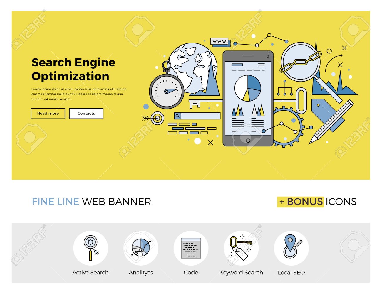 検索エンジン最適化サービス Seo のデータ分析とキーワードの概要アイコンと Web バナー テンプレートのフラット ライン設計プロセスします インフォ グラフィックのウェブサイトやモダンなベクトル イラスト概念 のイラスト素材 ベクタ Image