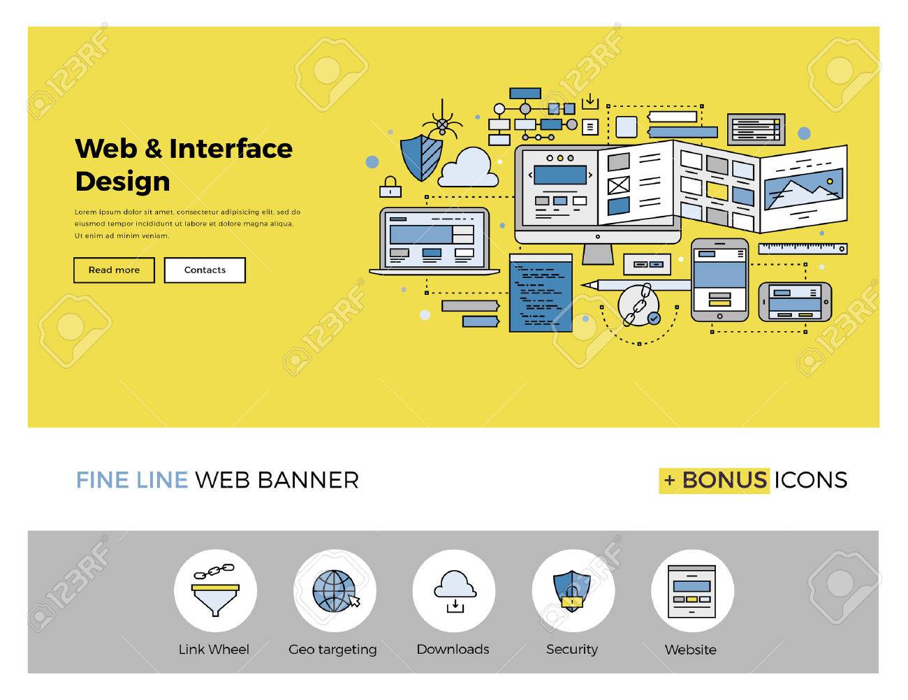 flat line design of web banner template with outline icons of website banner template