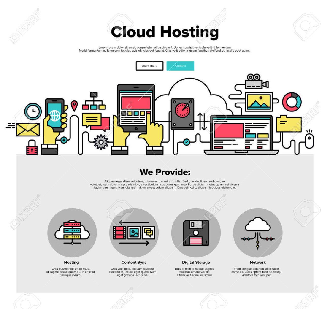 one page web design template with thin line icons of cloud hosting