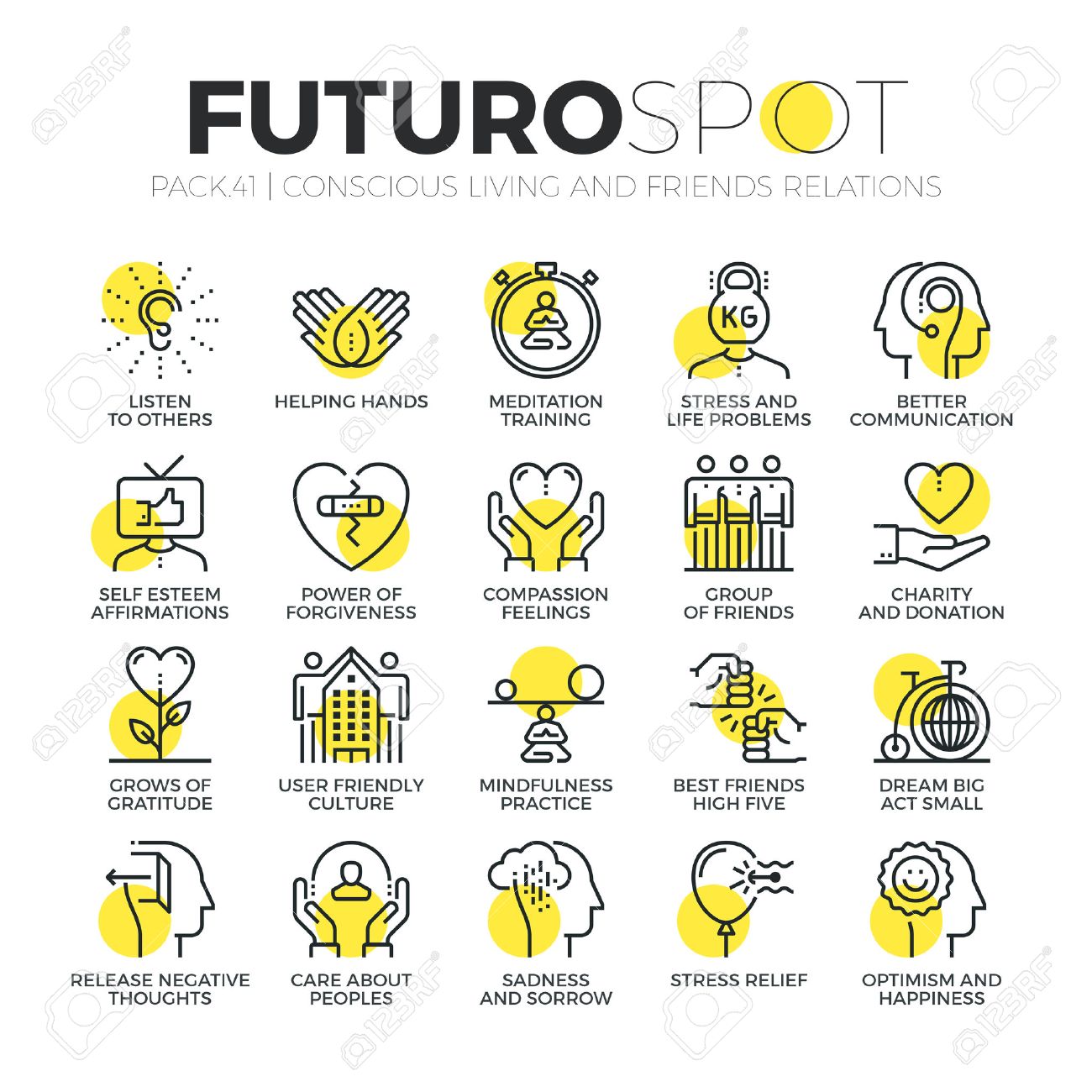 Stroke line icons set of wellbeing human life, conscious living with friends. - 56776373 Stroke line icons set of wellbeing human life, conscious living with friends. - 56776373