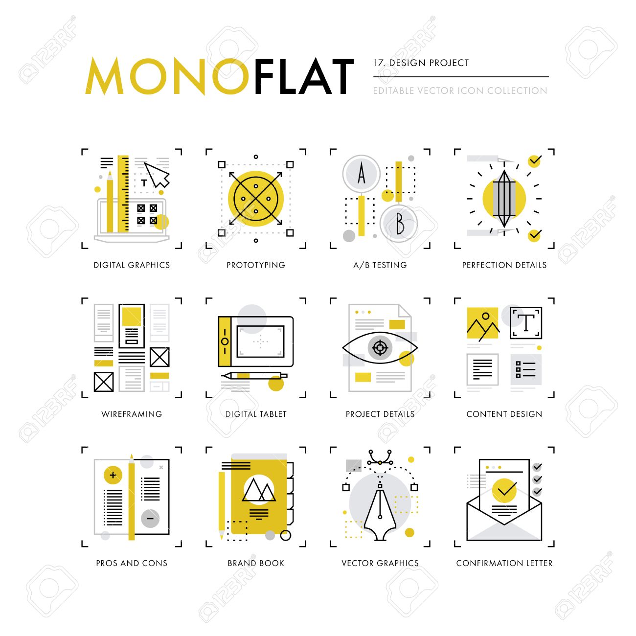 デジタル グラフィックス コンテンツのインフォ グラフィック  アイコンのコレクションは、プロジェクトのワークフローを設計します。モダンな細い線のアイコンを設定します。プレミアム品質の図の概念。フラット デザイン  Web グラフィック要素です。のイラスト素材 ...