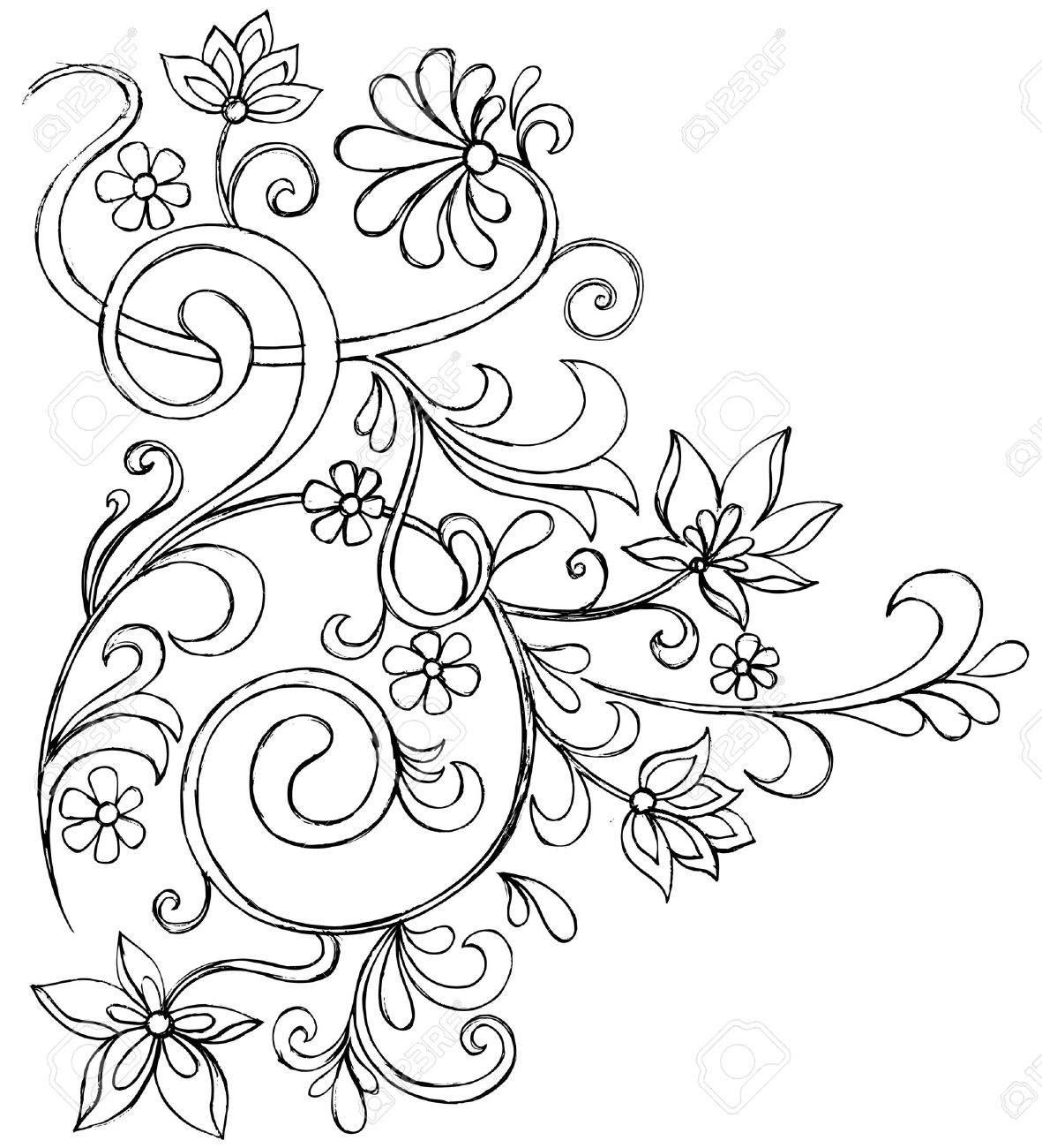 Sketchy Doodle Vines and Flowers Scroll Vector Drawing