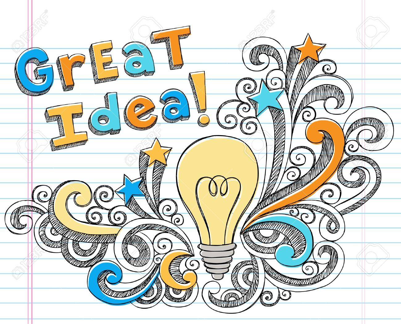 Great Idea Lettering with Lightbulb Hand-Drawn Back to School Starbursts and Swirls Sketchy Notebook Doodles Illustration Design Elements on Lined Sketchbook Paper Background - 10598806 Great Idea Lettering with Lightbulb Hand-Drawn Back to School Starbursts and Swirls Sketchy Notebook Doodles Illustration Design Elements on Lined Sketchbook Paper Background - 10598806
