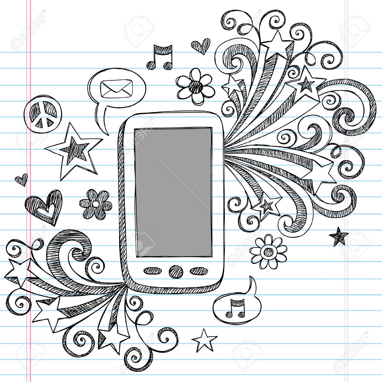 Téléphone Portable Mobile Pda Sketchy Dessinées à La Main Doodles Portables Avec Des étoiles Filantes Icône Courriels Musique Et La Conception Des