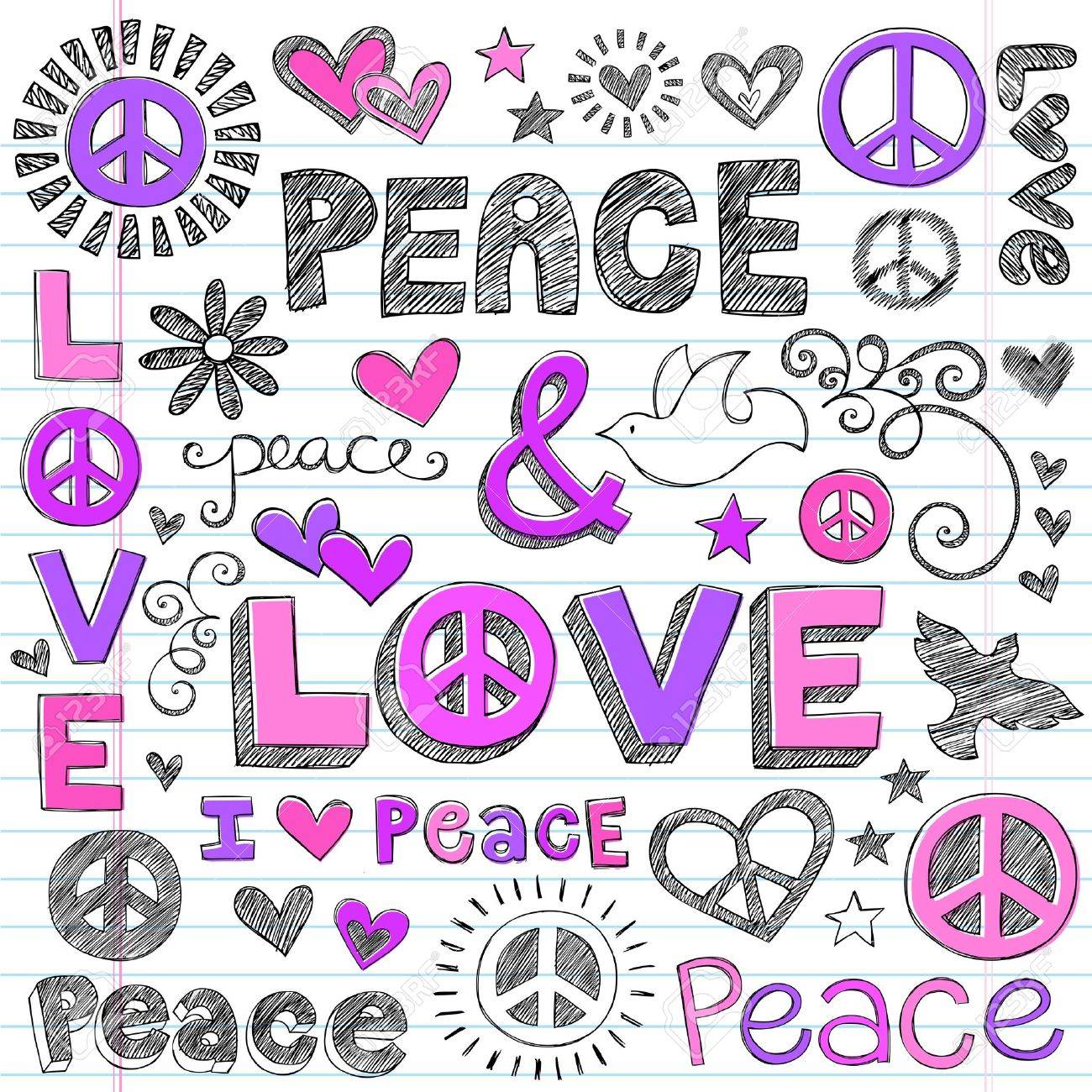 Peace Love Sketchy Elements Portable Conception Doodles Sur Papier A Dessin Double Fond Illustration Vecteur Clip Art Libres De Droits Vecteurs Et Illustration Image