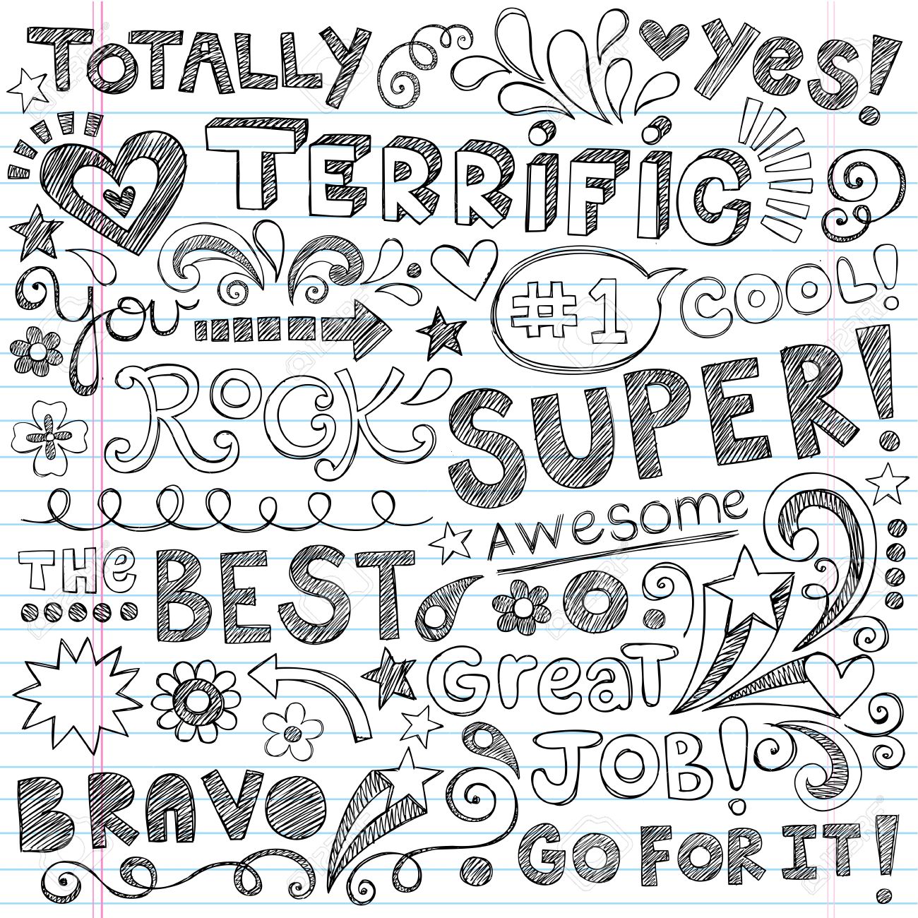 スーパー素晴らしい学生称賛手レタリング学校大ざっぱなノートいたずら書き手描きイラスト デザイン素材が並ぶスケッチ ブック 背景に用紙に戻るフレーズの イラスト素材 ベクタ Image