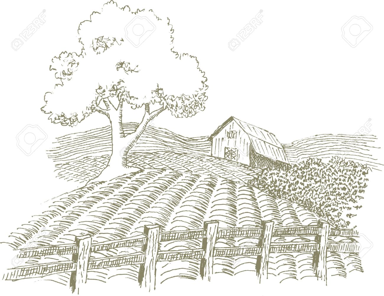 Pen and ink style illustration of a farm scene. - 7439836 Pen and ink style illustration of a farm scene. - 7439836