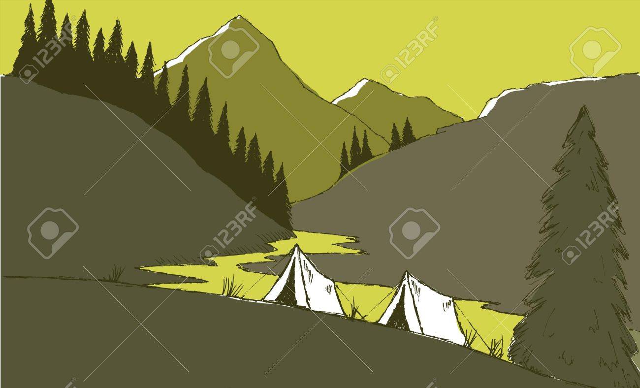 Pen And Ink Style Illustration Of A Camp Site With Mountains Royalty Free Cliparts Vectors And Stock Illustration Image 7439814