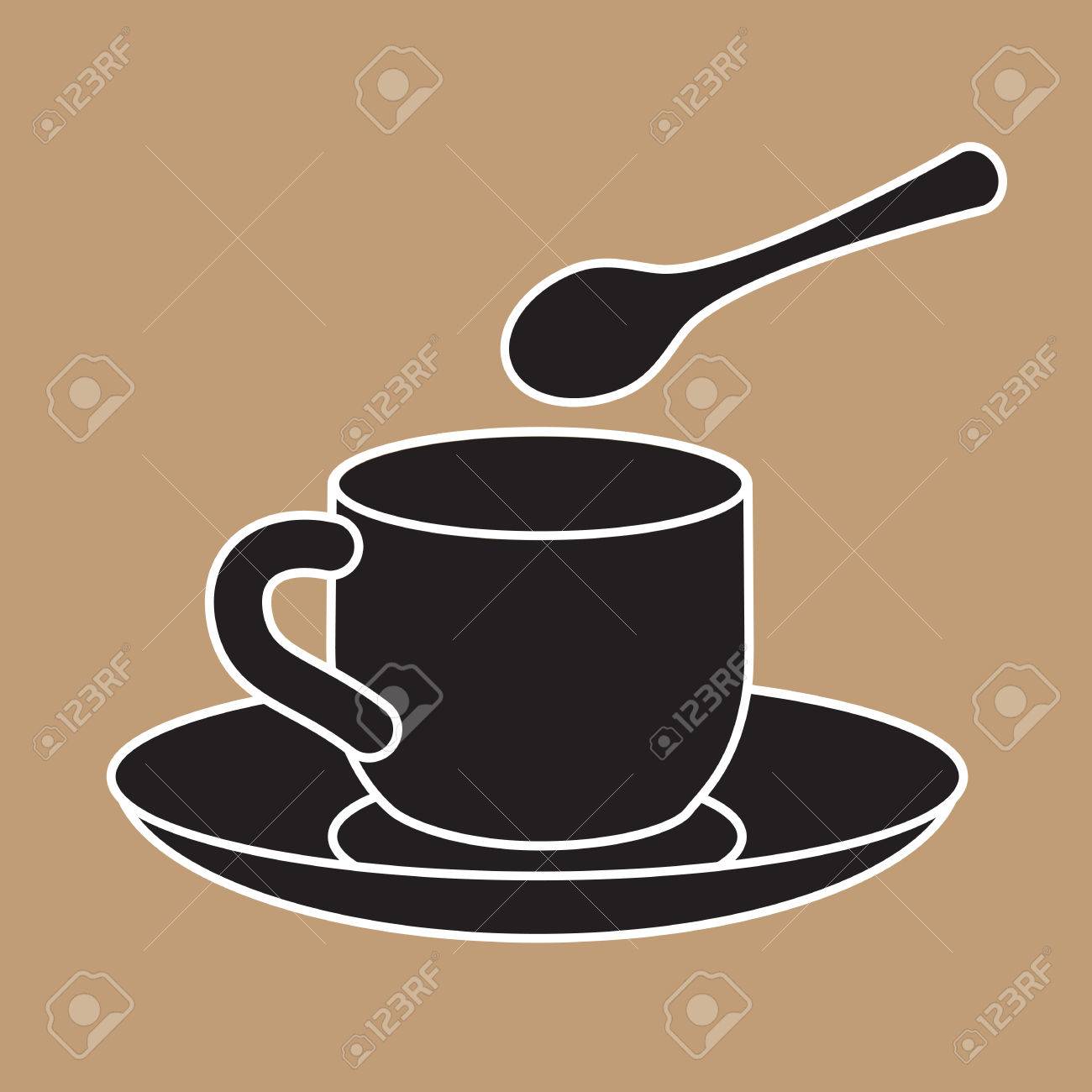 輪郭線の色だけでなく すべての図形の色を簡単編集できるコーヒーまたは紅茶カップ シルエット プレートと分離されたレイヤーのすべての図形を小さじ 1 杯と のイラスト素材 ベクタ Image