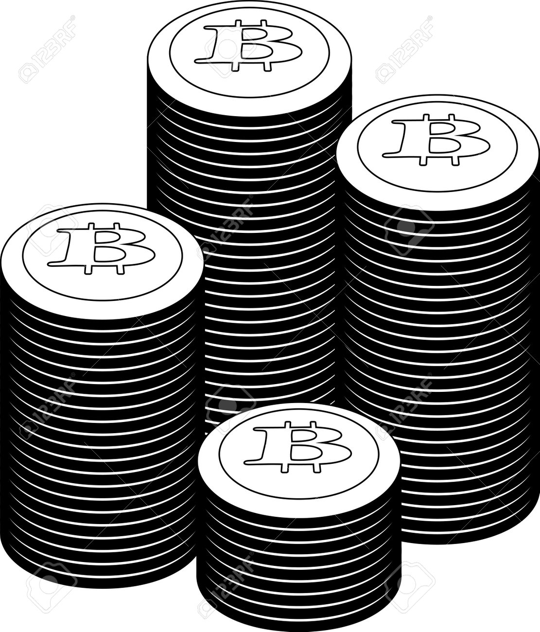 흑백 비트코인 메달이 많이 쌓여 있는 일러스트입니다. 로열티 무료 사진, 그림, 이미지 그리고 스톡포토그래피. Image  160574941